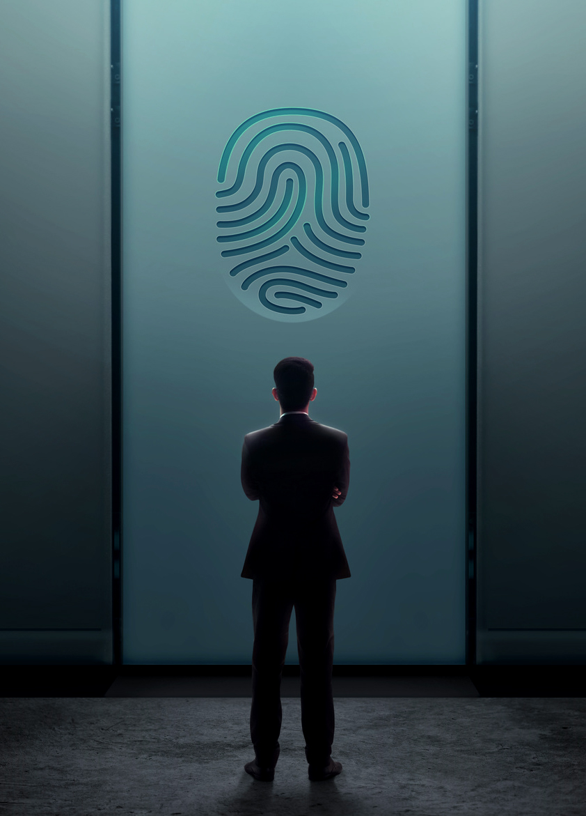 Business Security Concept. Businessman Standing in front of the Door with Fingerprint and Thinking to Unlock a System or Problem