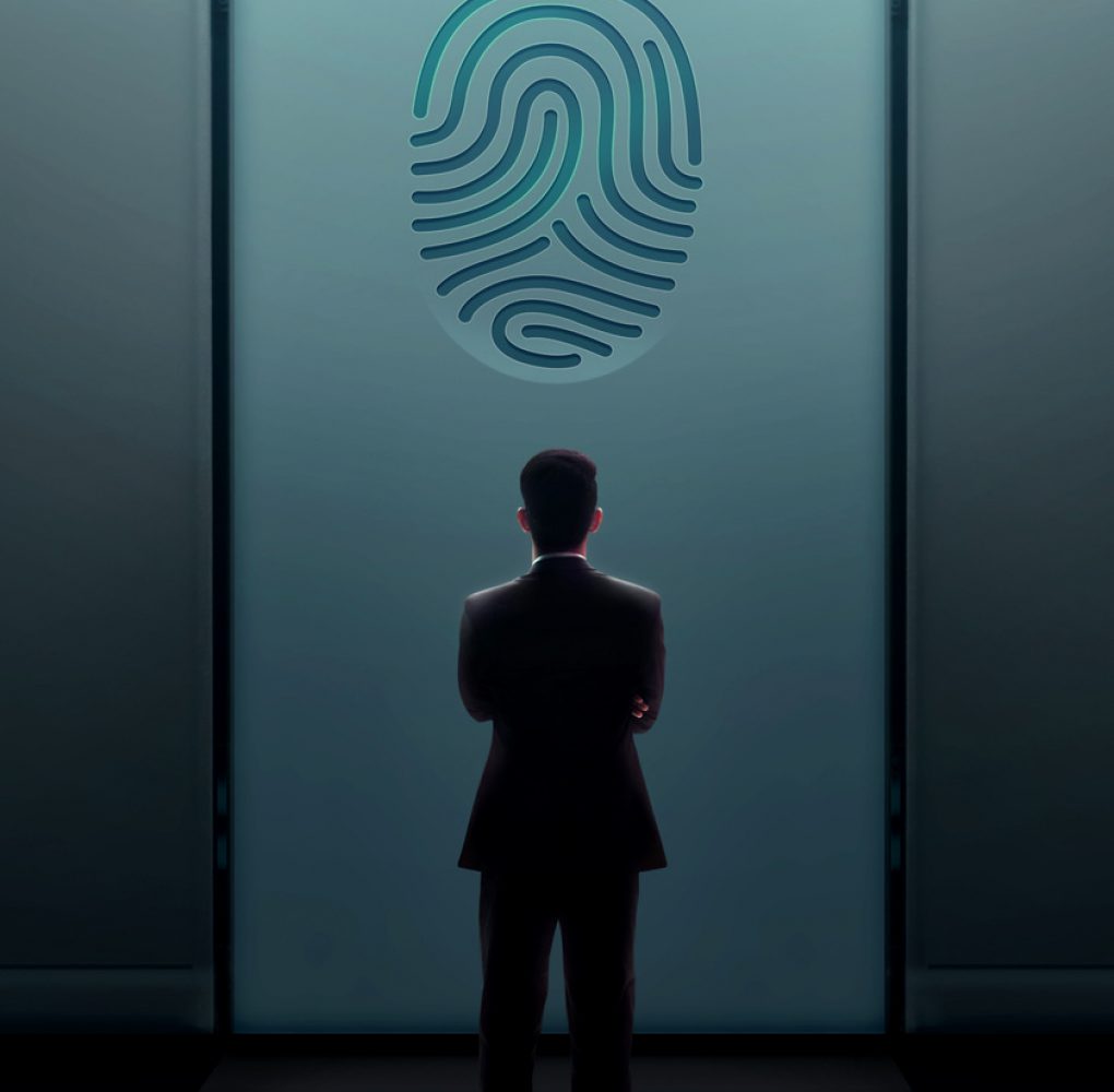 Business Security Concept. Businessman Standing in front of the Business Security Concept. Businessman Standing in front of the Door with Fingerprint and Thinking to Unlock a System or Problem
