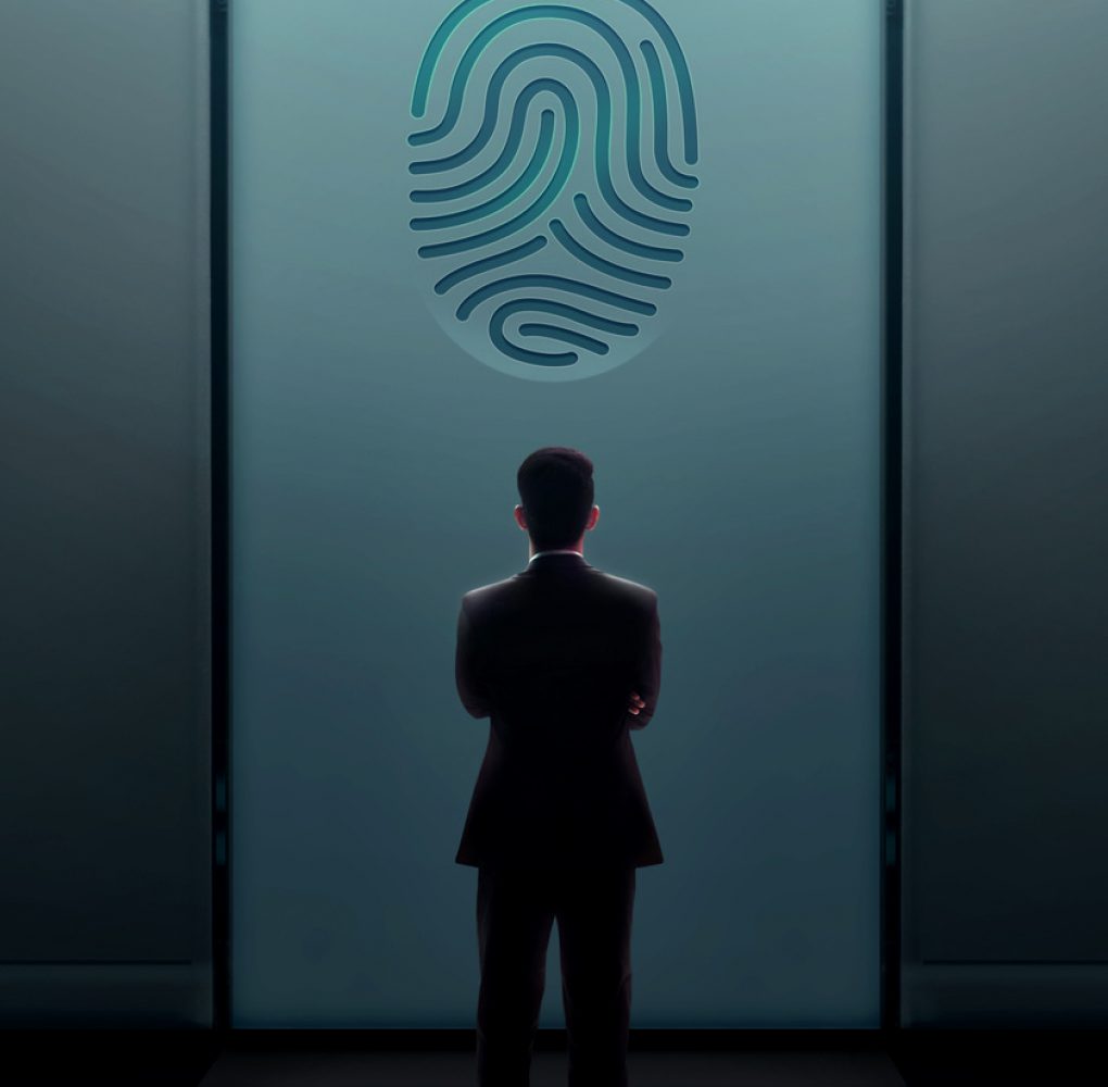 Business Security Concept. Businessman Standing in front of the Door with Fingerprint and Thinking to Unlock a System or Problem