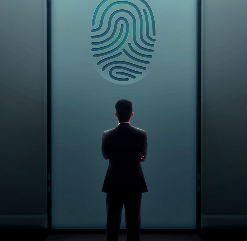Business Security Concept. Businessman Standing in front of the Door with Fingerprint and Thinking to Unlock a System or Problem