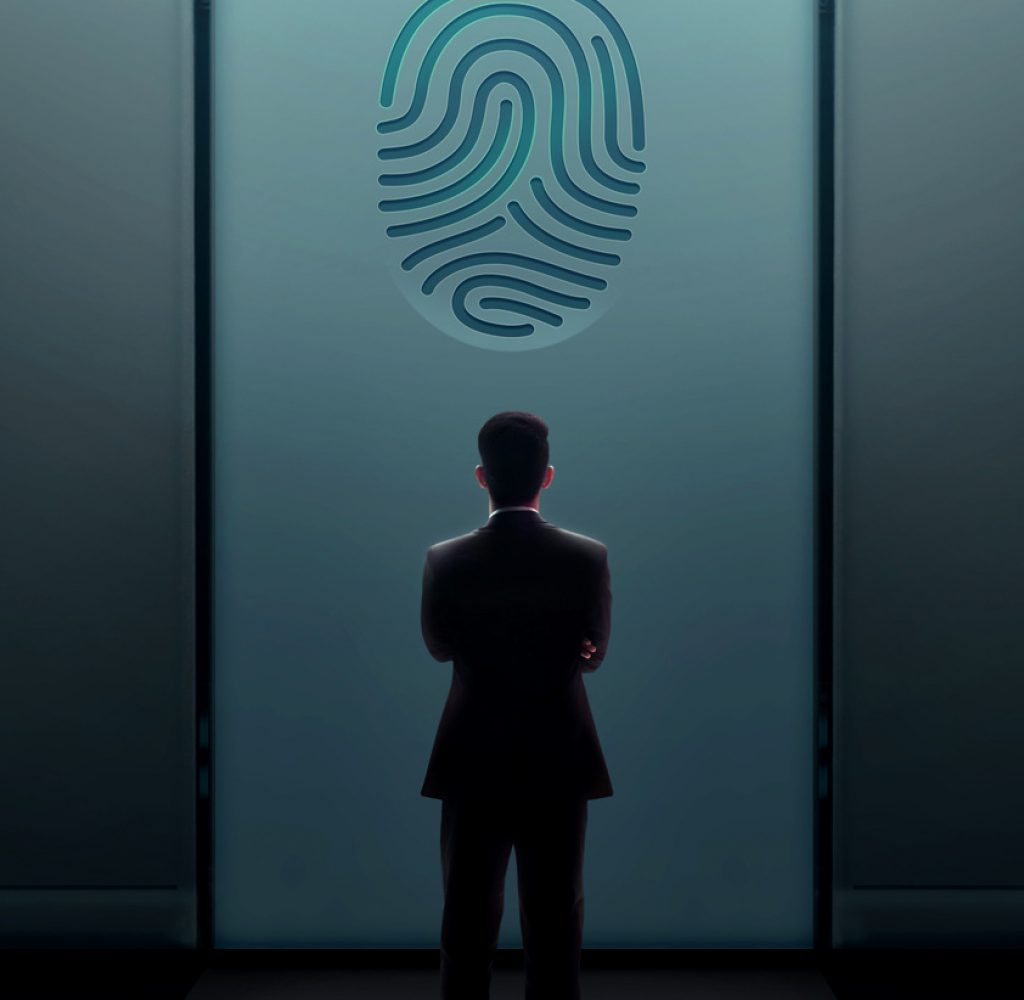Business Security Concept. Businessman Standing in front of the Business Security Concept. Businessman Standing in front of the Door with Fingerprint and Thinking to Unlock a System or Problem